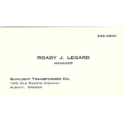 Sunlight Transformer Co Roady J. Legard Albany Oregon Business Card SF3-B5