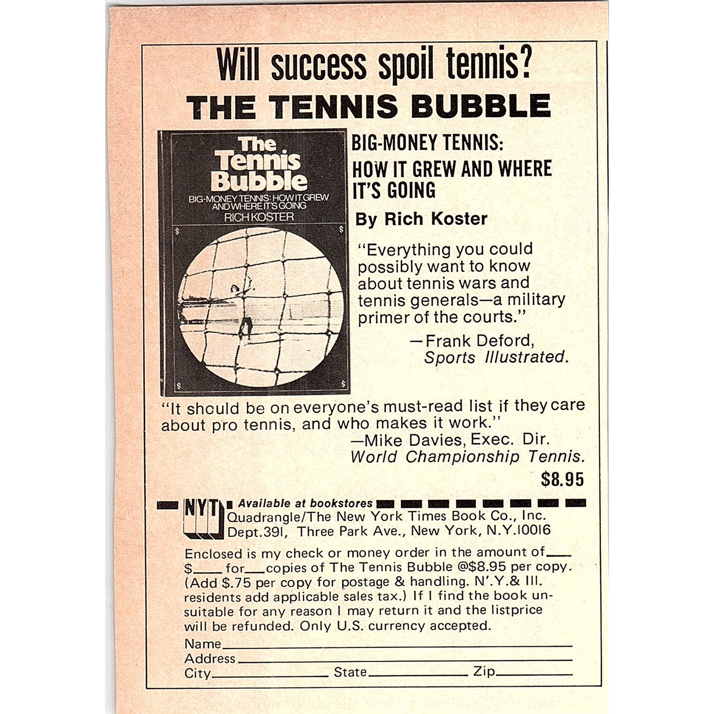 The Tennis Bubble Book Promo Rich Koster 1977 Ad AF3-M1