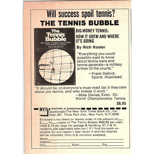 The Tennis Bubble Book Promo Rich Koster 1977 Ad AF3-M1
