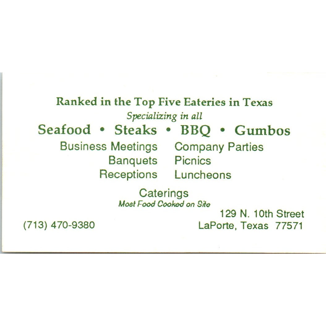 Sonny's Happy Cajun Food Factory Jinny Mgr LaPorte TX Vtg Business Card SD8-B18