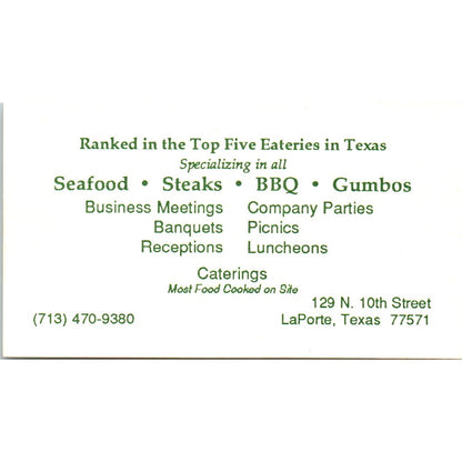 Sonny's Happy Cajun Food Factory Jinny Mgr LaPorte TX Vtg Business Card SD8-B18