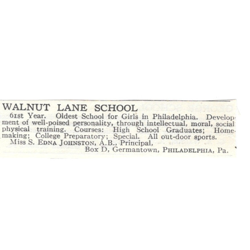 Walnut Lane School Philadelphia PA Miss S Edna Johnston c1920 Harper’s Ad AG4-S2