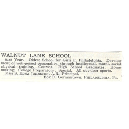 Walnut Lane School Philadelphia PA Miss S Edna Johnston c1920 Harper’s Ad AG4-S2