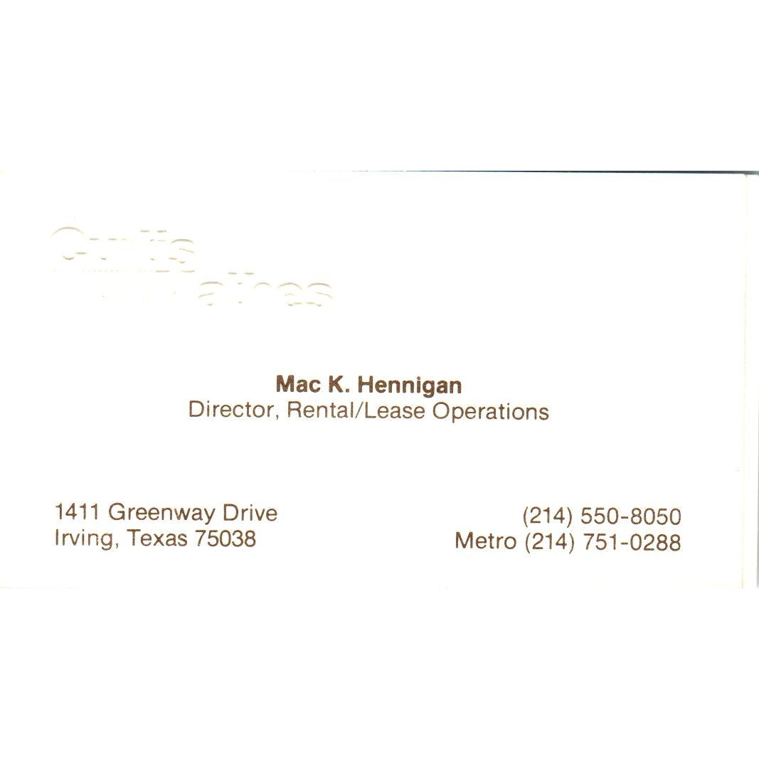 Mac K. Hennigan Curtis Mathes Irving TX Vintage Business Card SD8-B4