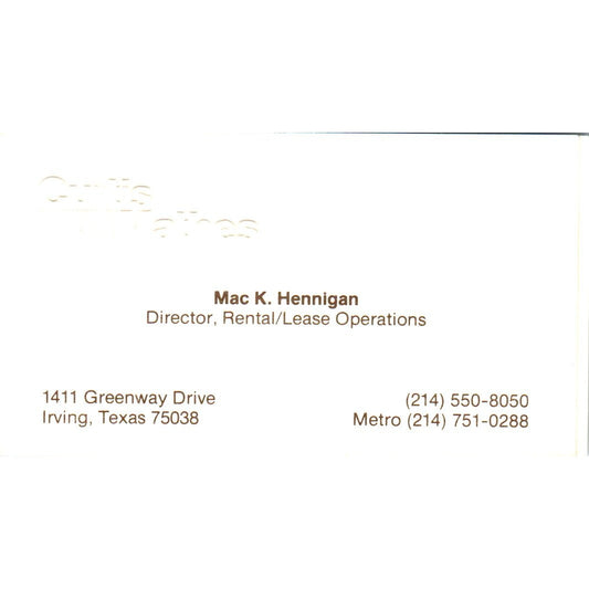 Mac K. Hennigan Curtis Mathes Irving TX Vintage Business Card SD8-B4