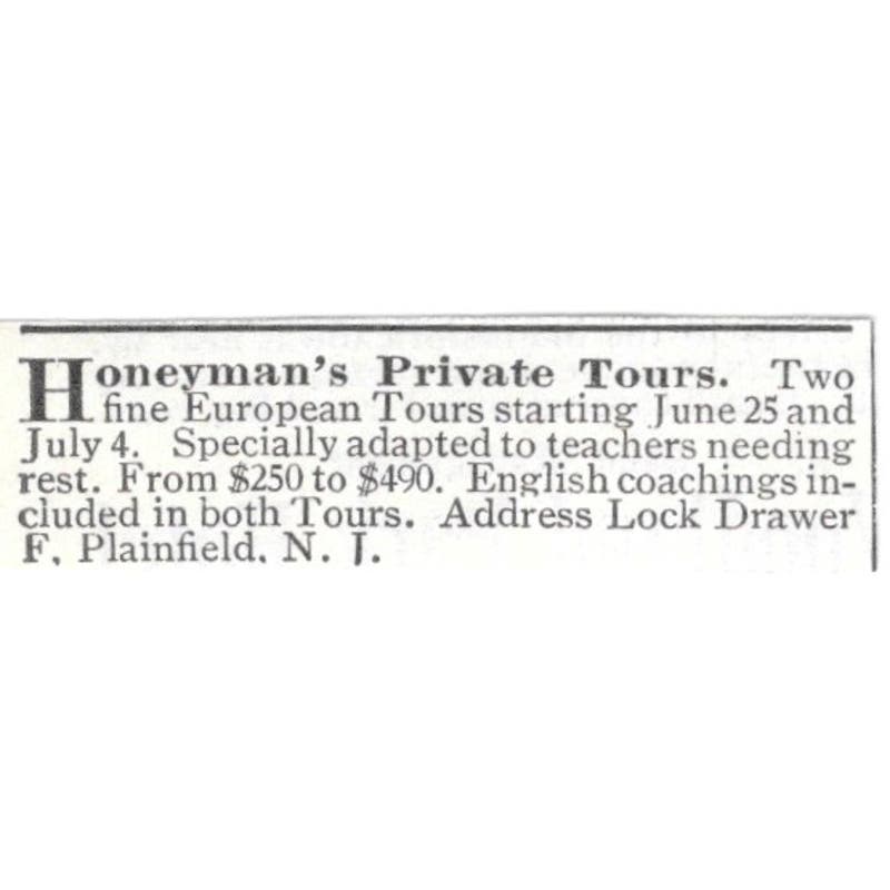 Honeyman's Private Tours Plainfield NJ c1918 Original Advertisement AE5-SV2