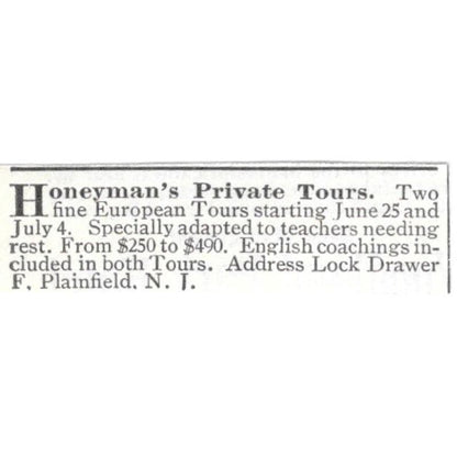 Honeyman's Private Tours Plainfield NJ c1918 Original Advertisement AE5-SV2