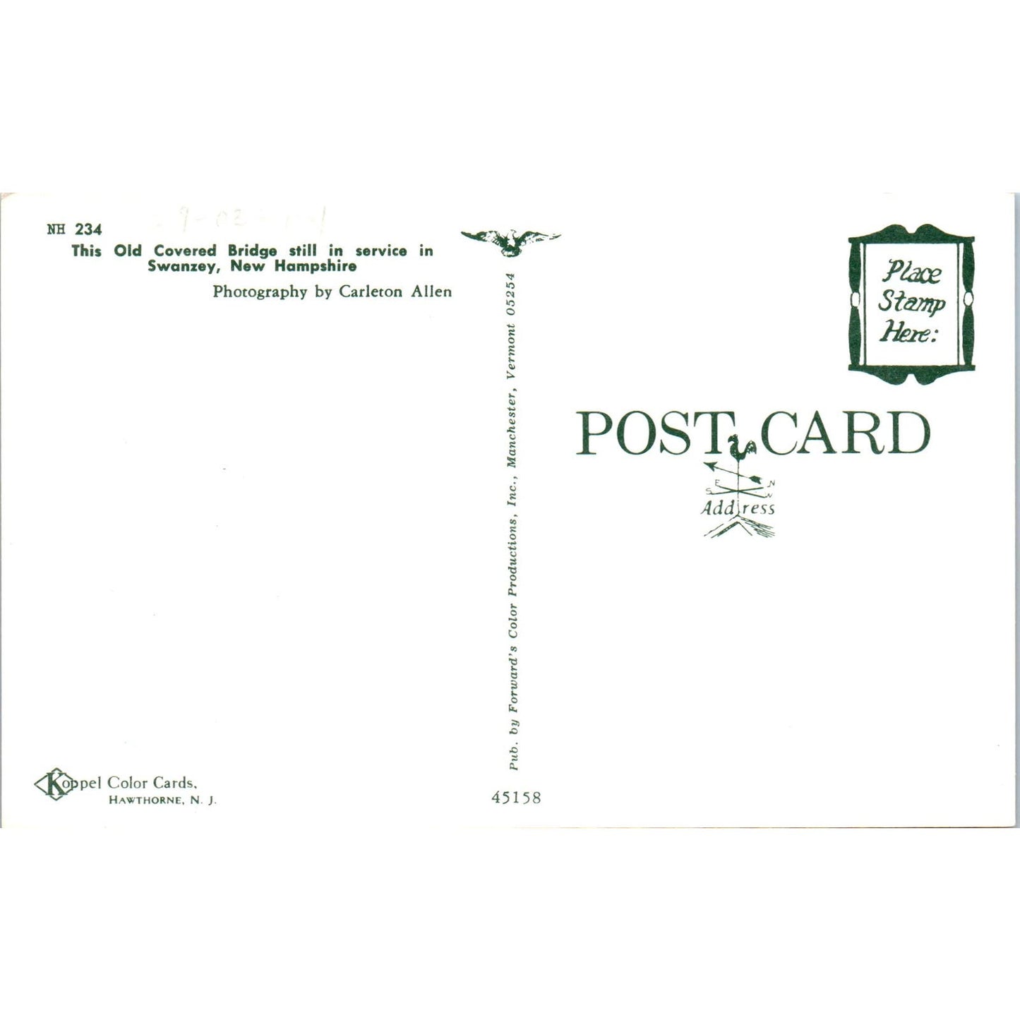 Old Covered Bridge in Swanzey NH Covered Bridge Postcard PC4