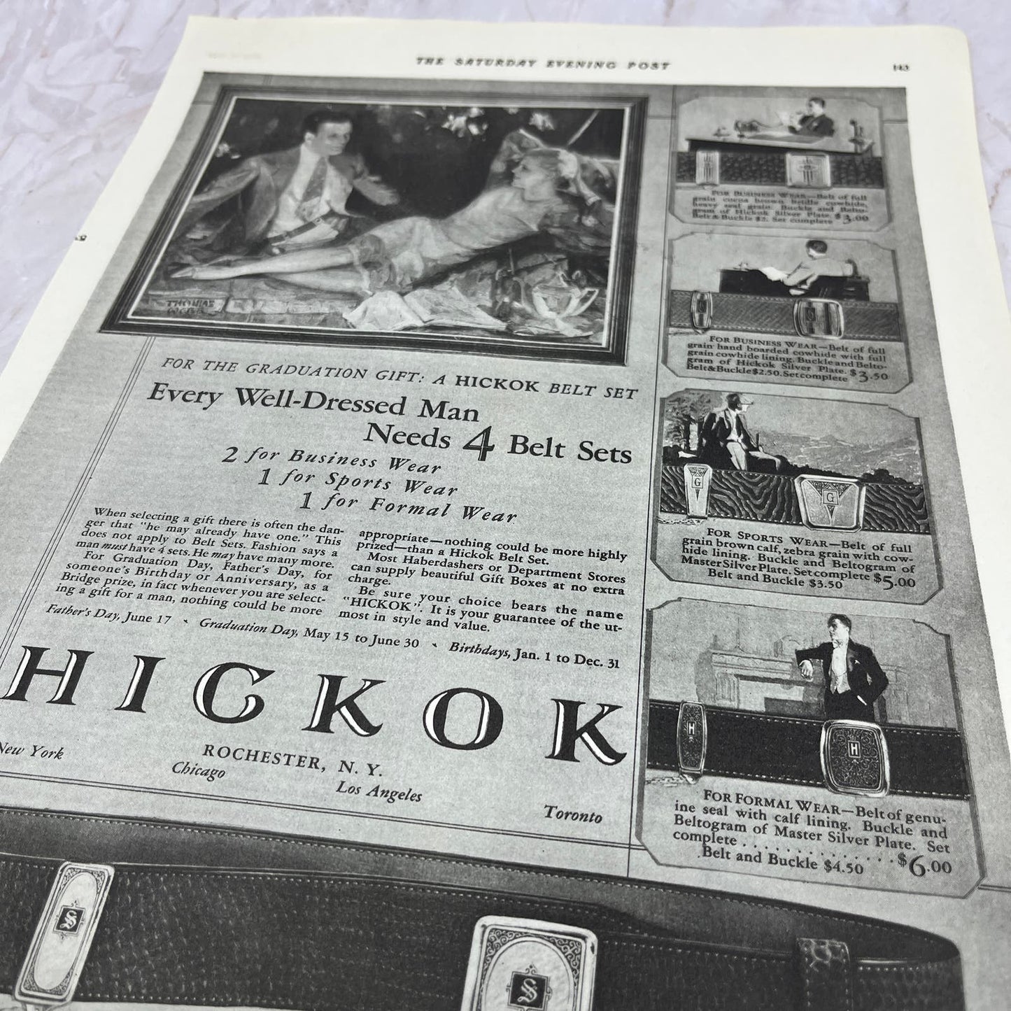 Hickok Men's Belt Set Rochester NY 1928 Original Magazine Advertisement FL6-8