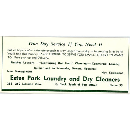 Lee Tighe Drug Store, Laundry Delmar & Jo Schroeder 1957 Estes Park CO Ad AG4-M1