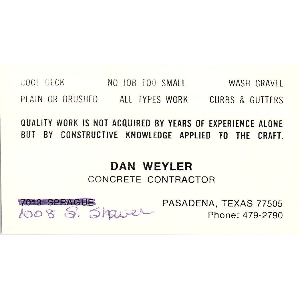 Dan Weyler Concrete Contractor Pasadena TX Vintage Business Card SD9-B3