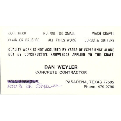 Dan Weyler Concrete Contractor Pasadena TX Vintage Business Card SD9-B3