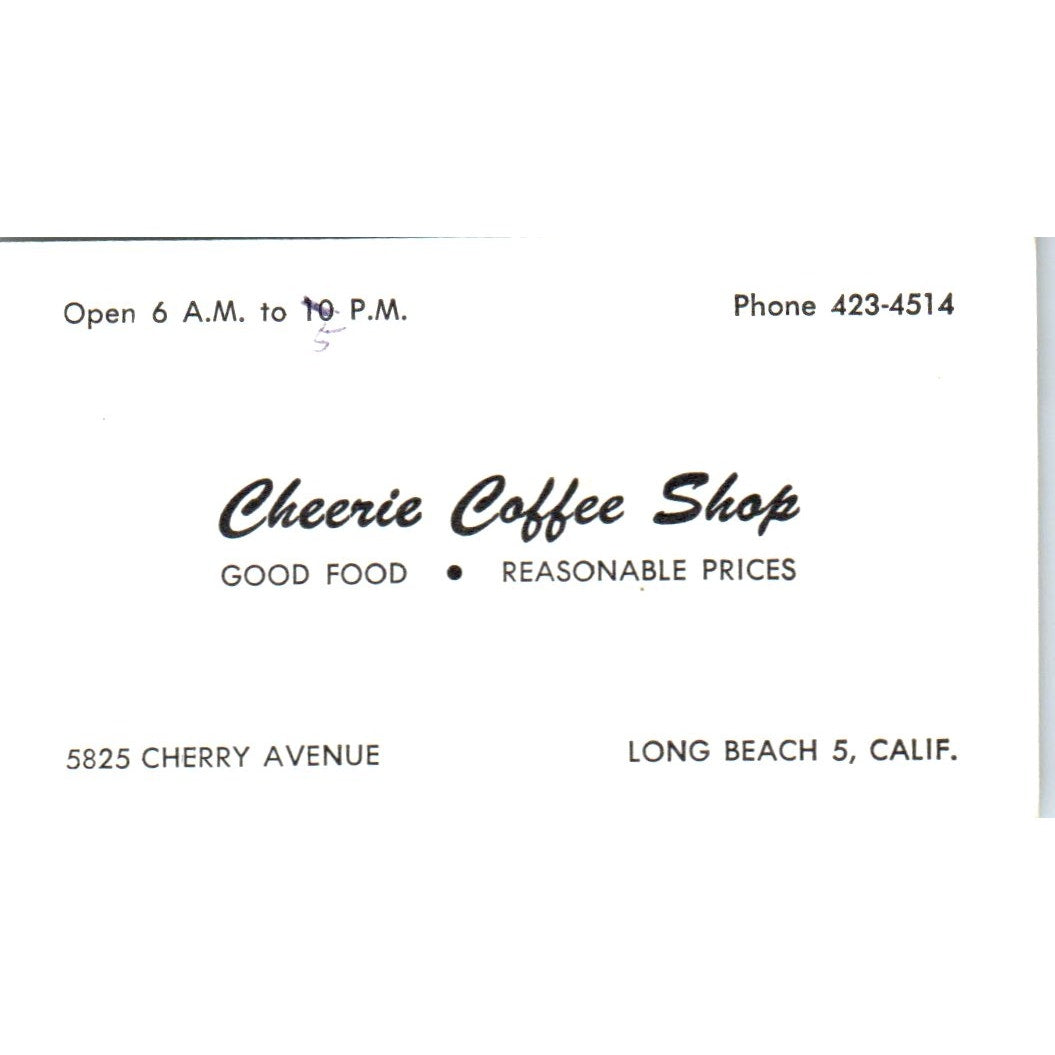 Cheerie Coffee Shop Long Beach CA Vintage Business Card SD8-B7