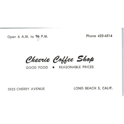 Cheerie Coffee Shop Long Beach CA Vintage Business Card SD8-B7