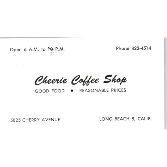 Cheerie Coffee Shop Long Beach CA Vintage Business Card SD8-B7
