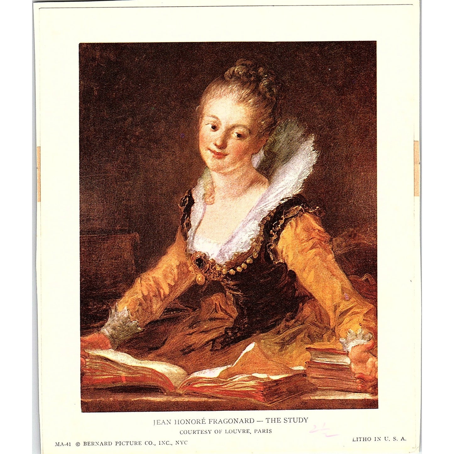 Jean Honoré Fragonard The Study Lithograph Vintage Art Print 5x6" V17