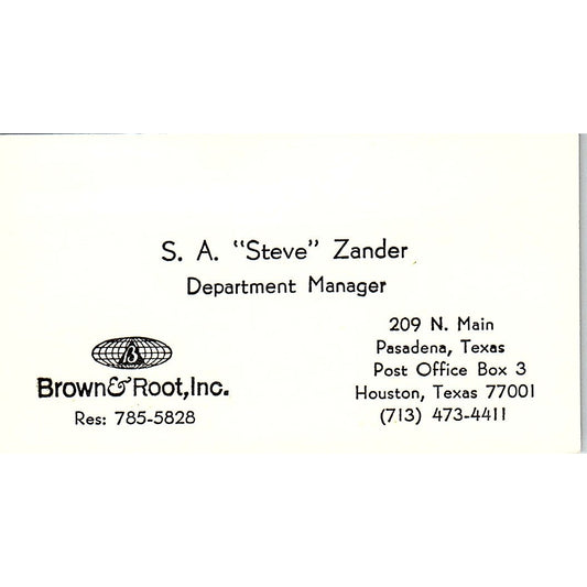 Brown & Root  Incorp S A Steve Zander Houston Texas Vintage Business Card SF3-B6
