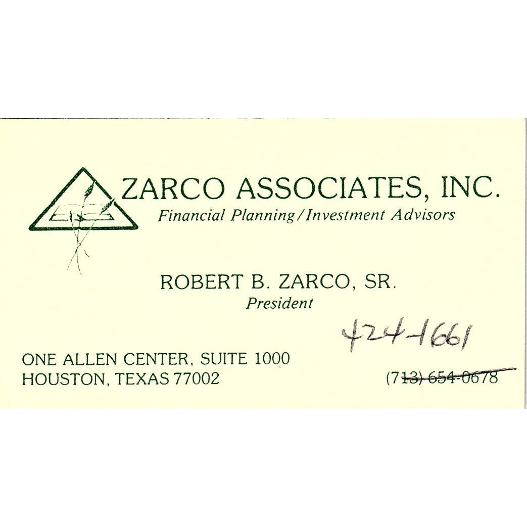 Zarco Associates Robert B. Zarco SR Houston Texas Vintage Business Card SF3-B4