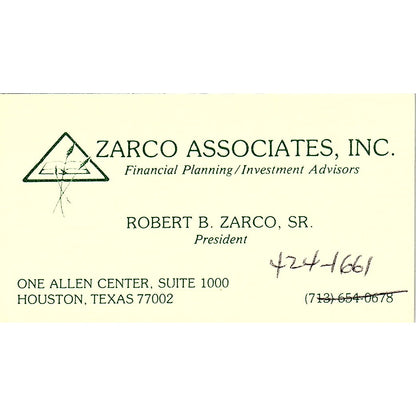 Zarco Associates Robert B. Zarco SR Houston Texas Vintage Business Card SF3-B4