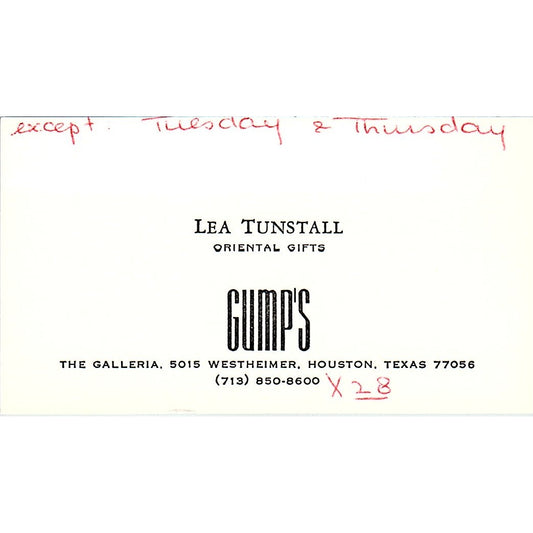 Gump's Lea Tunstall Oriental Gifts Houston Texas Vintage Business Card SB4-B8