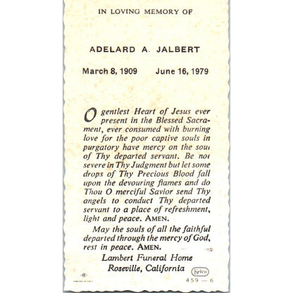 1979 Funeral Prayer Card Adelard A. Jalbert Roseville California AE4