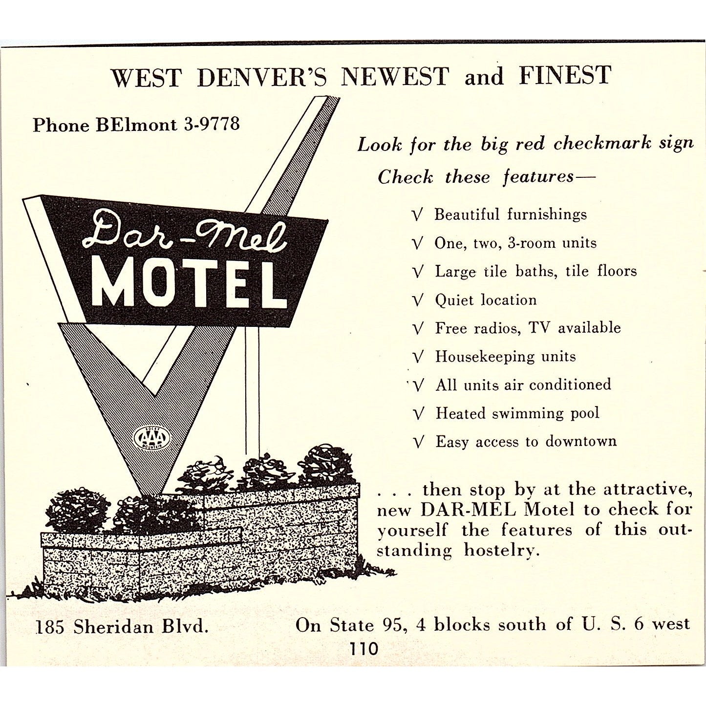 Dar-Mel Motel, Mosko's Holiday Manor Denver CO 1958 Ad AG1-H1
