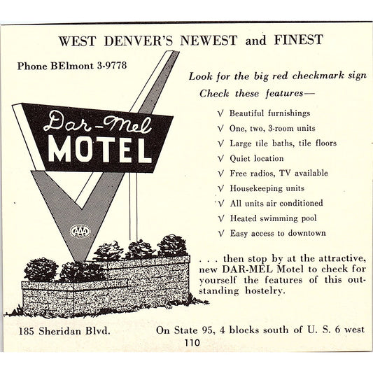 Dar-Mel Motel, Mosko's Holiday Manor Denver CO 1958 Ad AG1-H1