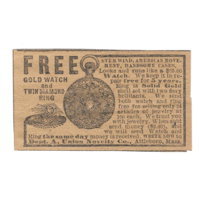 Union Novelty Co Pocket Watch Ring Promotion Attleboro 1906 Original Ad AK6-S11