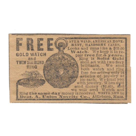 Union Novelty Co Pocket Watch Ring Promotion Attleboro 1906 Original Ad AK6-S11