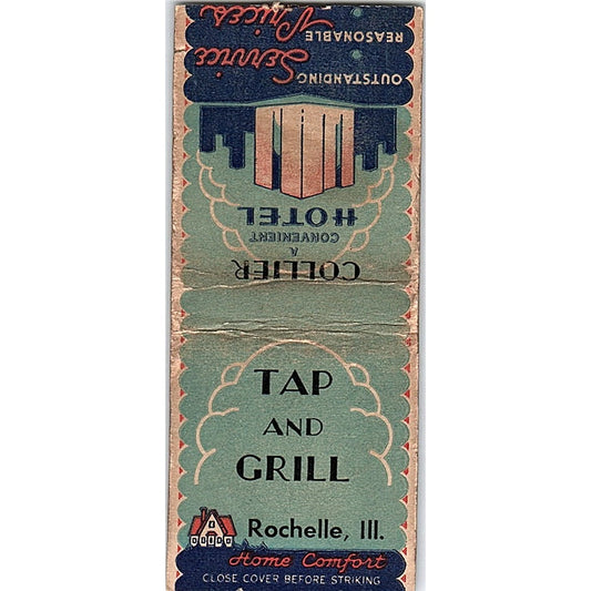 Collier Hotel Tap and Grill Rochelle IL Vintage Matchbook Cover SC7-Y8