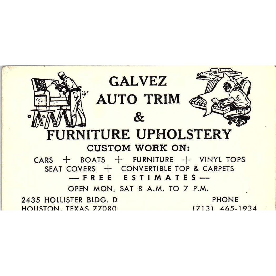 Galvez Auto Trim & Furniture Upholstery Houston Vintage Business Card SC9-B2