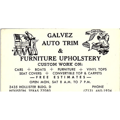 Galvez Auto Trim & Furniture Upholstery Houston Vintage Business Card SC9-B2