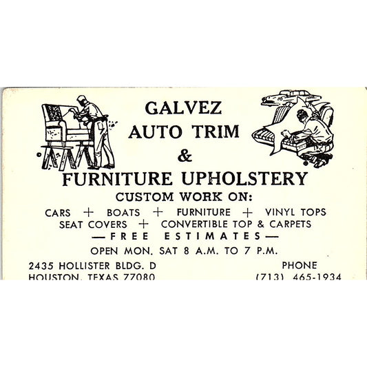 Galvez Auto Trim & Furniture Upholstery Houston Vintage Business Card SC9-B2