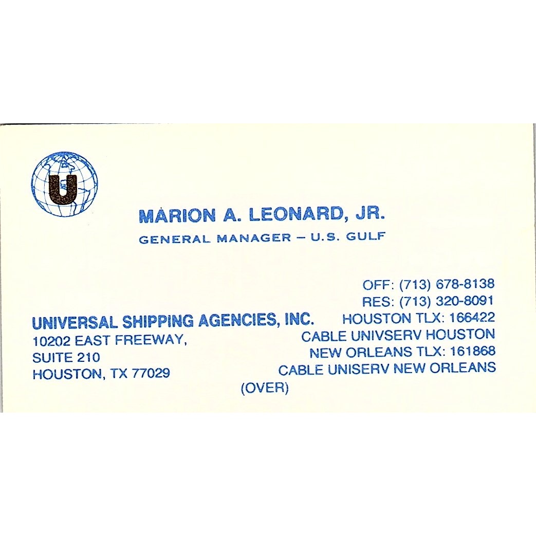 Marion A Leonard Jr Universal Shipping Agencies Houston Business Card SC9-B2