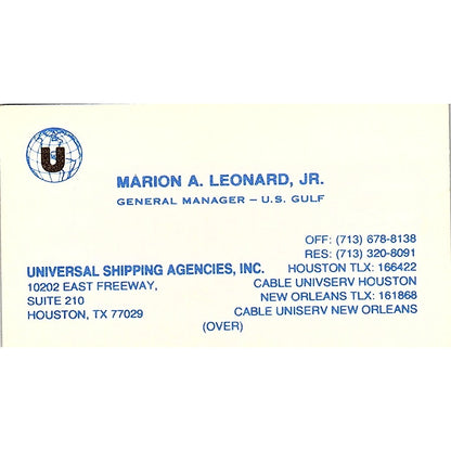 Marion A Leonard Jr Universal Shipping Agencies Houston Business Card SC9-B2