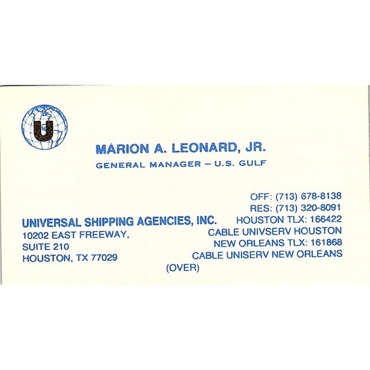 Marion A Leonard Jr Universal Shipping Agencies Houston Business Card SC9-B2