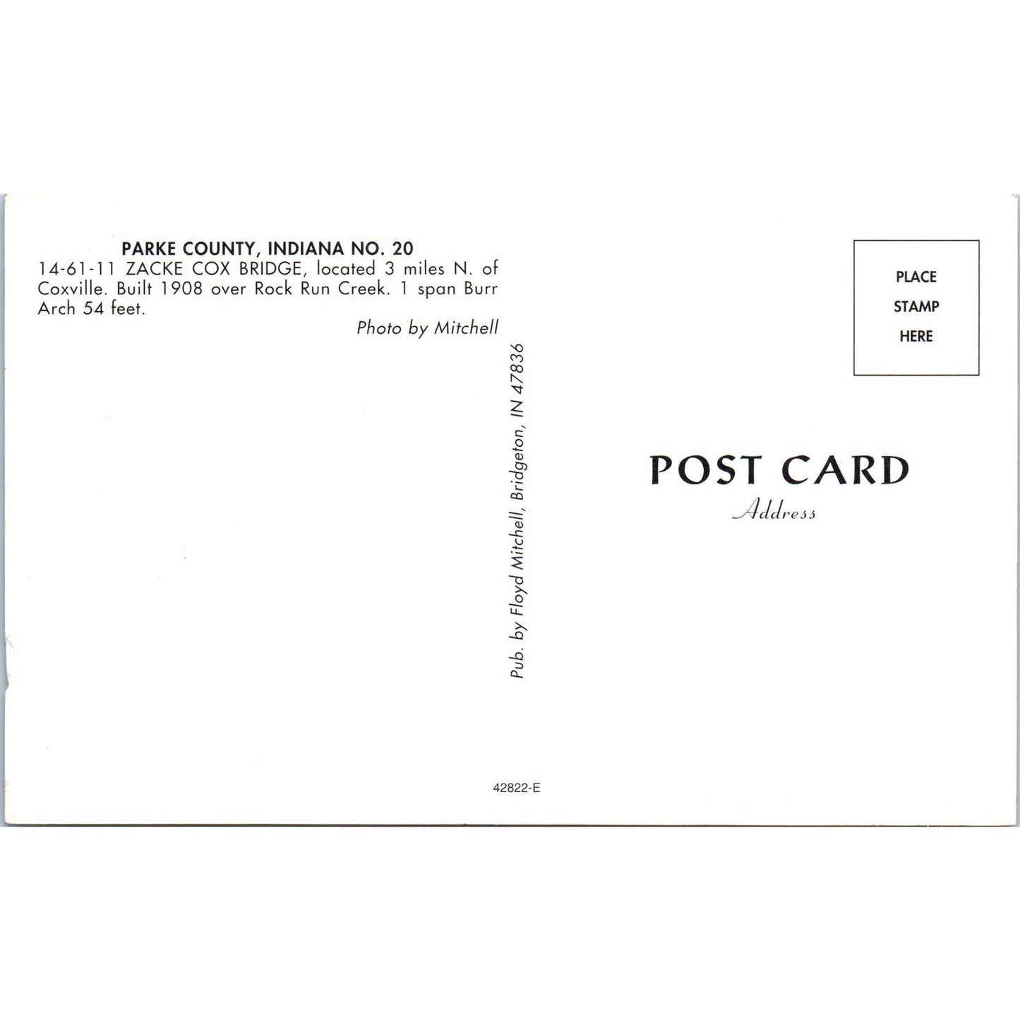 Jackson Bridge Parke County Indiana Vintage Covered Bridge Postcard PC14