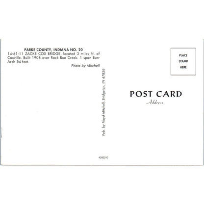 Jackson Bridge Parke County Indiana Vintage Covered Bridge Postcard PC14