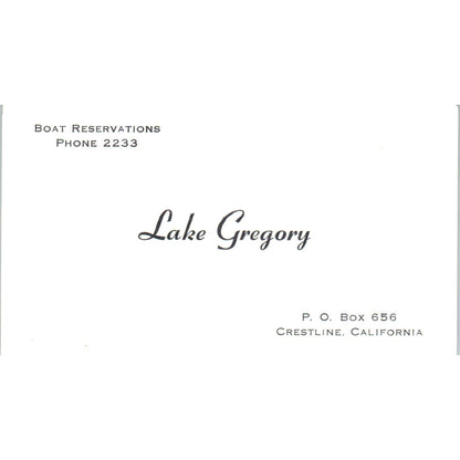 Lake Gregory Boat Reservations Crestline CA Vintage Business Card SD8-B8