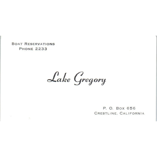 Lake Gregory Boat Reservations Crestline CA Vintage Business Card SD8-B8