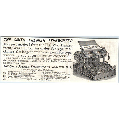 The Smith Premier Typewriter Syracuse NY c1890 Victorian ad AE8-CH4