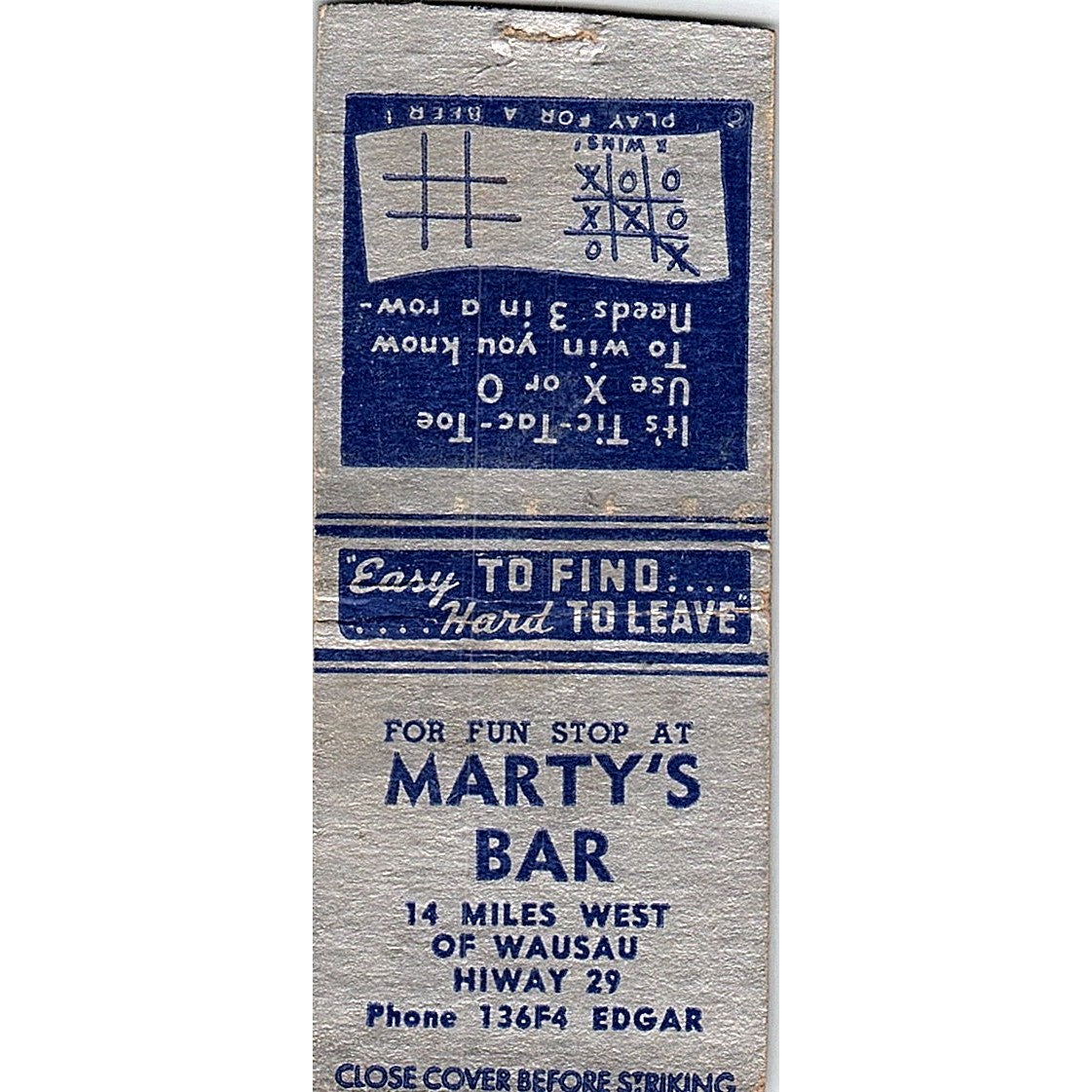 Marty's Bar Wausau Hwy 29 WI Vintage Matchbook Cover SC7-Y8