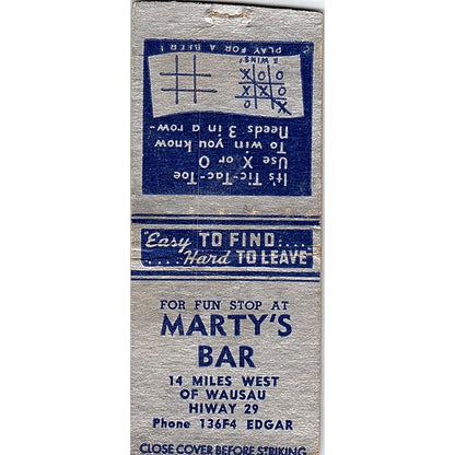 Marty's Bar Wausau Hwy 29 WI Vintage Matchbook Cover SC7-Y8