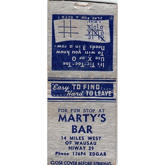 Marty's Bar Wausau Hwy 29 WI Vintage Matchbook Cover SC7-Y8