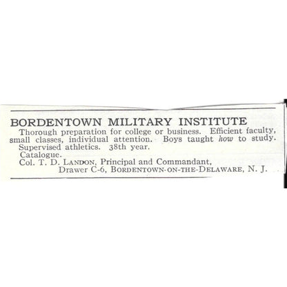 Bordentown Military Institute Bordentown NJ Col. T.D. Landon c1920 Ad AG4-S6