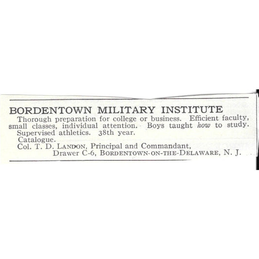 Bordentown Military Institute Bordentown NJ Col. T.D. Landon c1920 Ad AG4-S6