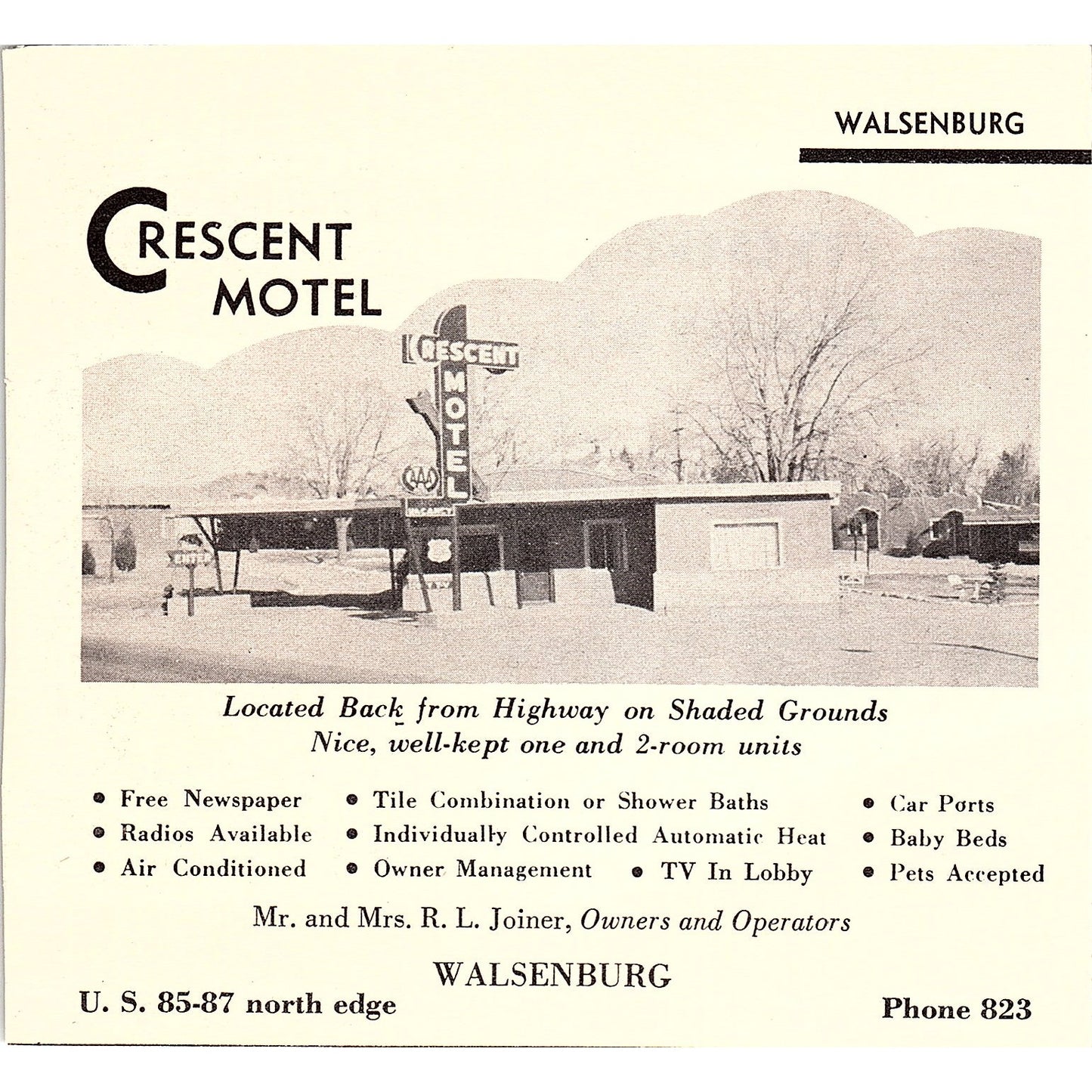 Crescent Motel R.L. Joiner Walsenburg CO 1958 Ad AG1-H4