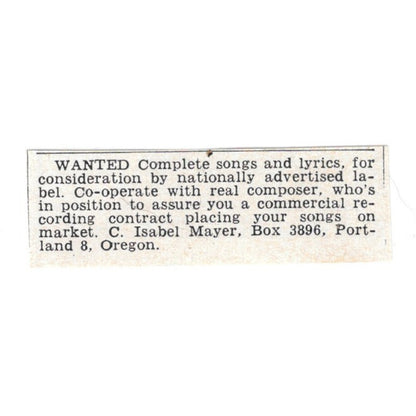 Song Lyrics Wanted - C. Isabel Mayer, Portland Oregon 1955 Ad AG1-S9