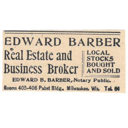 Edward B. Barber Real Estate Pabst Bldg Milwaukee 1898 Newspaper Clip AF7-E12