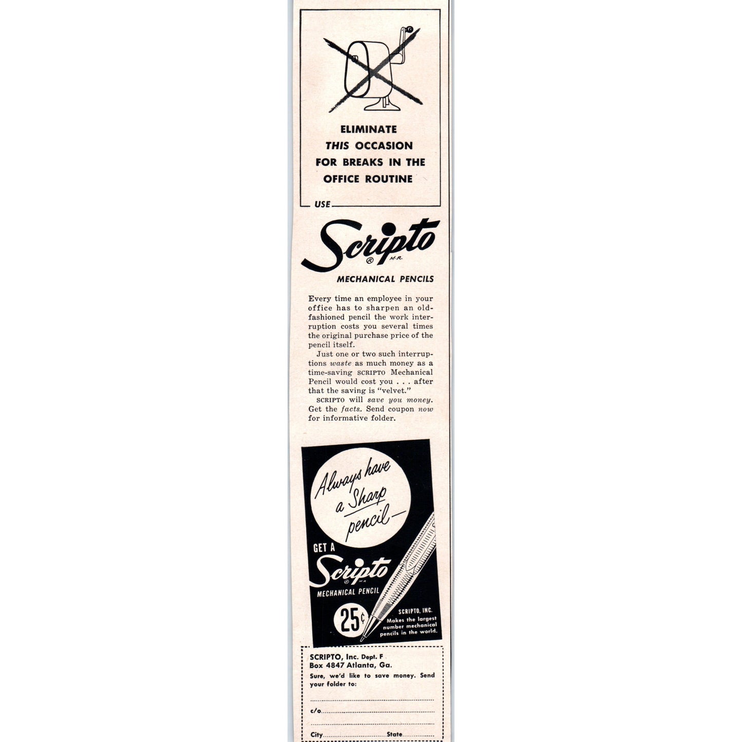 Scripto Mechanical Pencils Atlanta GA 1951 Magazine Ad D17